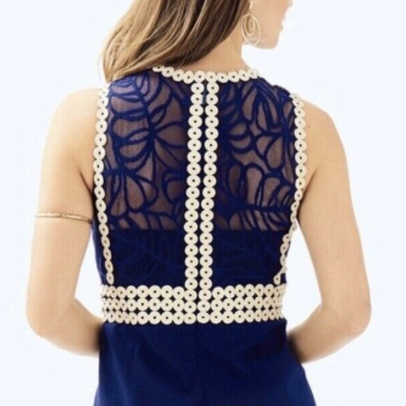 Lilly Pulitzer NWT Leigh Stretch Shift Dress True Navy & Gold Lace Detail Sz 6 - Picture 2 of 16